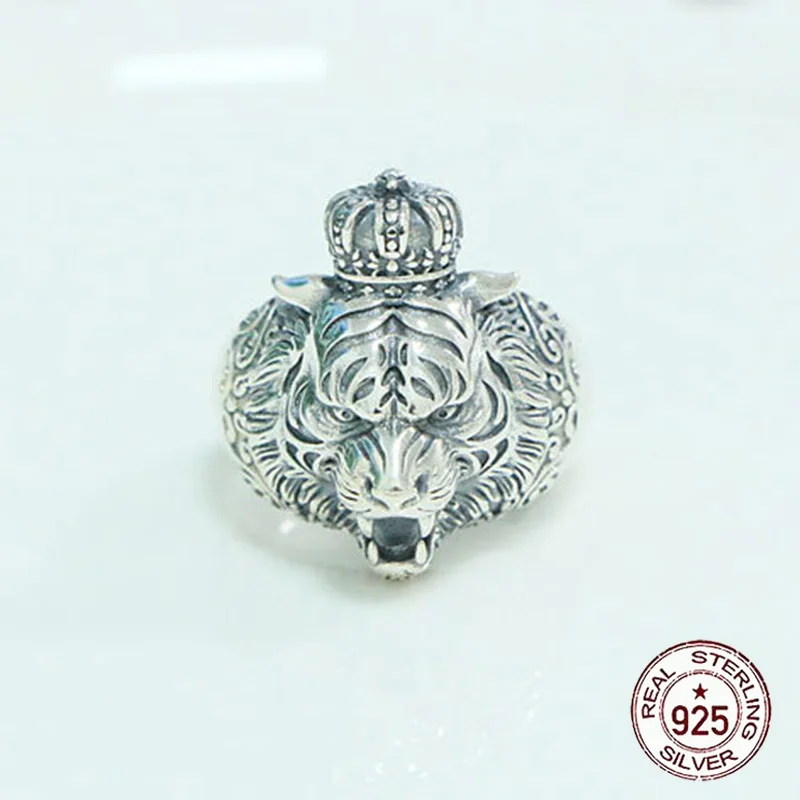 Дизайн кольца из стерлингового серебра S925 пробы с текстурой короны в этническом стиле с головой тигра, широкая серия ретро-персонализированных украшений в стиле хип-хоп