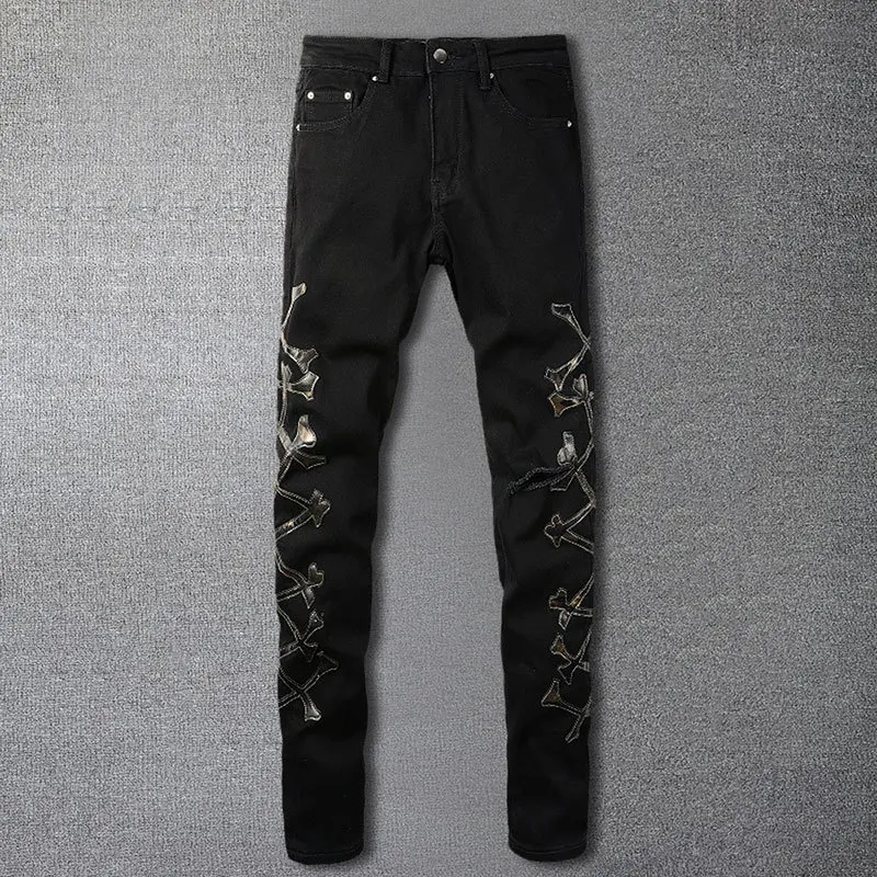 Дизайнерские рваные джинсы в стиле хип-хоп, уличные джинсы в стиле ретро с рваными костями, джинсы в стиле пэчворк, мужские мотоциклетные брюки, мужские джинсы в стиле панк