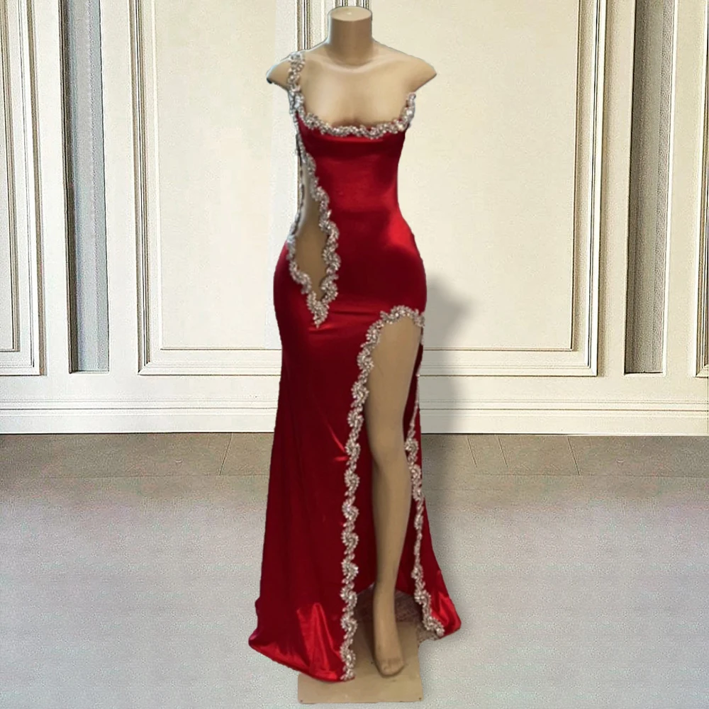 Длинное платье Русалки с разрезом, расшитое бисером, 2023, Красное платье с вырезом для девочек, женские вечерние платья для выпускного вечера