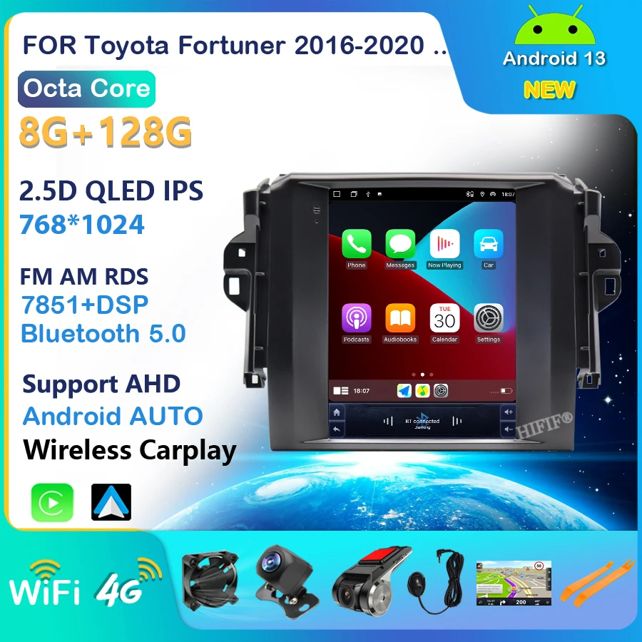 Для Toyota Fortuner 2 2015 2016 2017 2018 8+ 128G Android 13 Автомобильный радиоприемник Стерео мультимедийный плеер Головное устройство для вертикального экрана