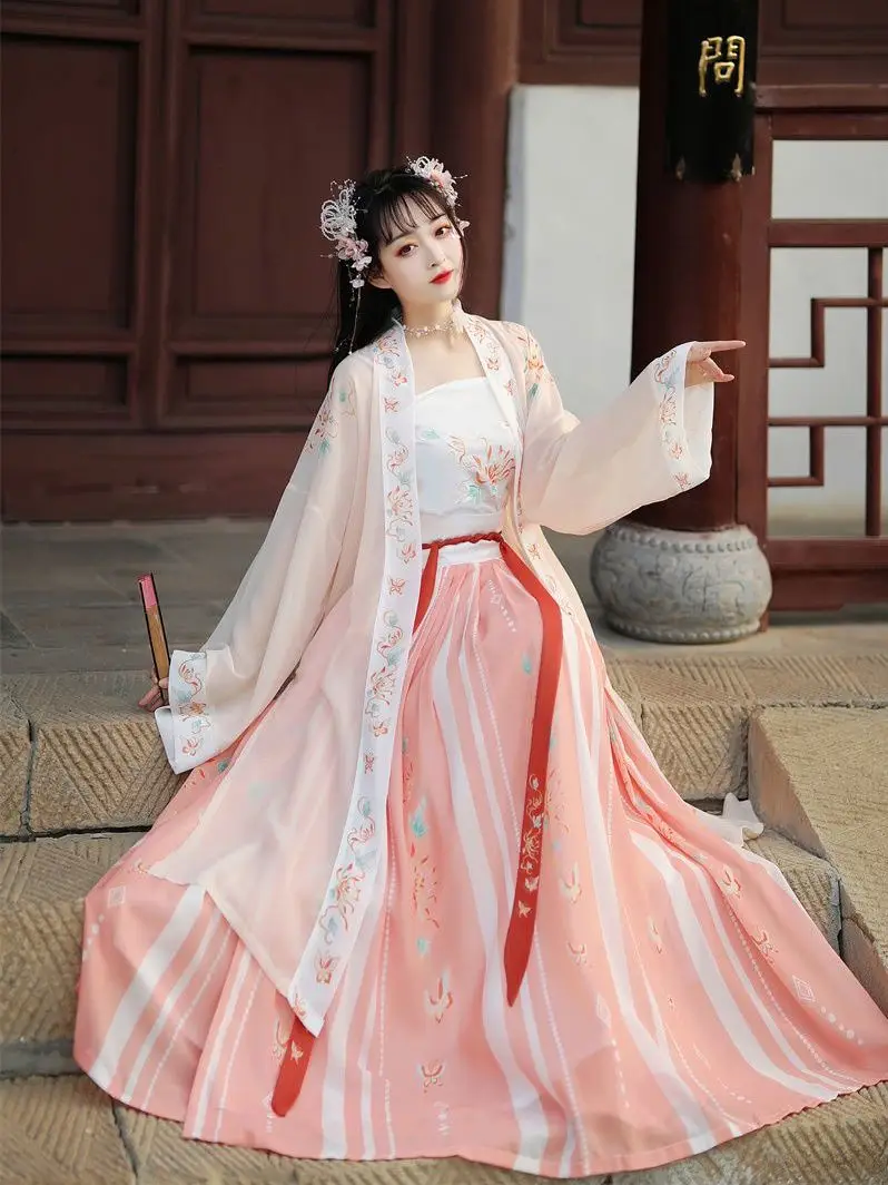 Древнее традиционное китайское женское элегантное платье Hanfu с феерической вышивкой, сценический костюм для народных танцев в стиле ретро династии Сун, комплекты из 3 предметов