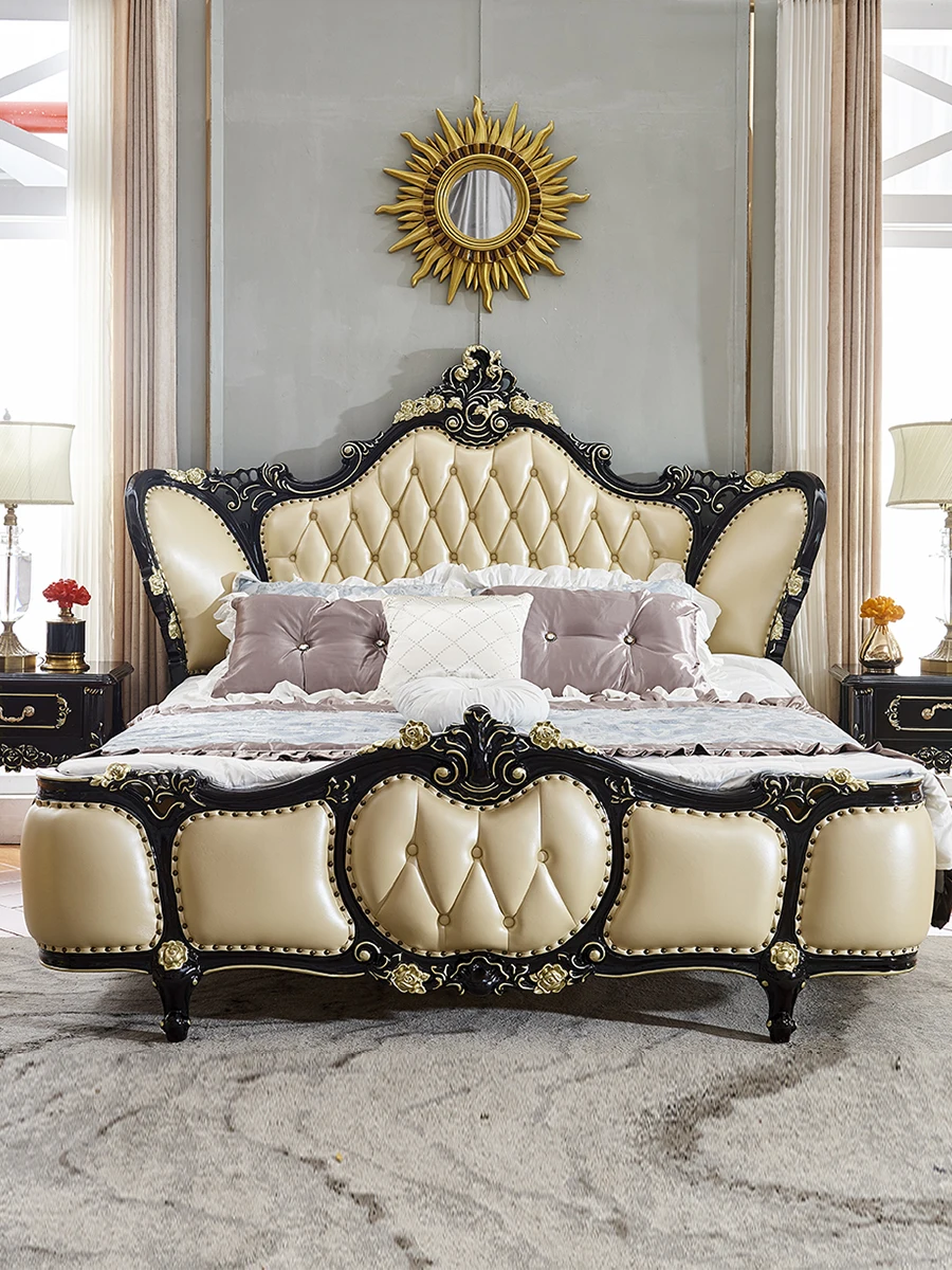 Европейская кровать из черного дерева, двуспальная кровать в главной спальне, высококачественная кровать из массива дерева делюкс 1,8 м, маленькая бытовая роскошная кровать принцессы