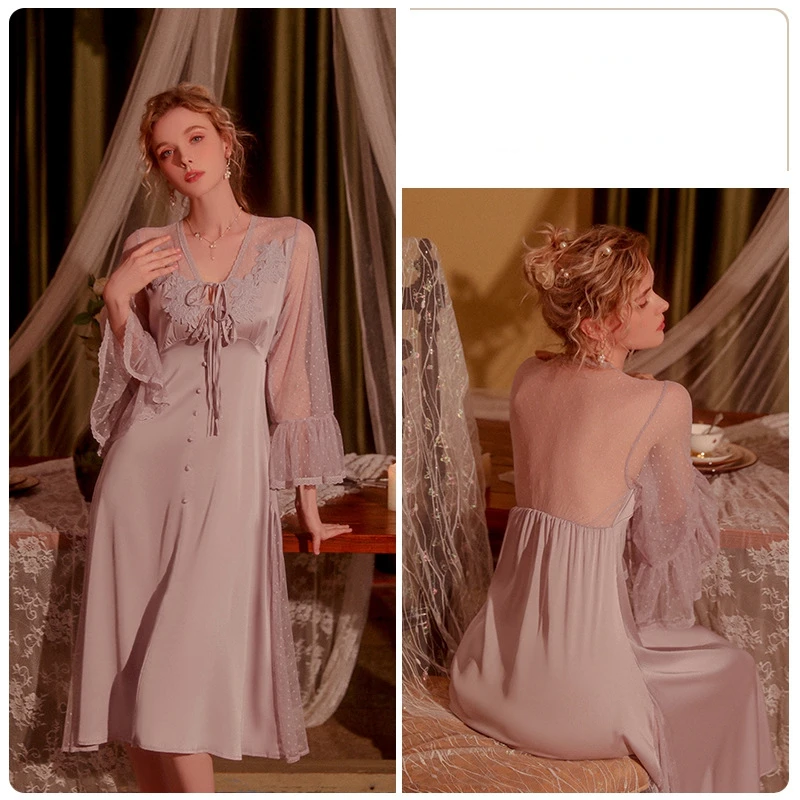 Женская кружевная ночная рубашка, Прозрачная ночная рубашка, Шелковые платья для свадебной вечеринки, Пижамы, вечернее платье с длинным рукавом, Сексуальная пижама