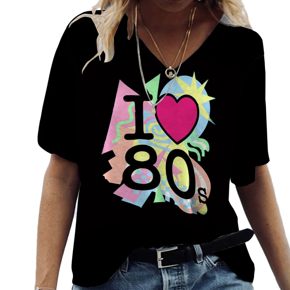 Женская Модная Короткая Футболка С V-образным вырезом, Хлопковая футболка с 3D принтом Love 80s, Harajuku, Летняя Винтажная Женская Свободная одежда
