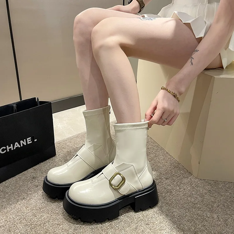 Женская обувь 2023, Высококачественные Женские ботинки с пряжкой на ремне, модные современные ботинки на молнии сзади, женские ботильоны с круглым носком, горячая распродажа