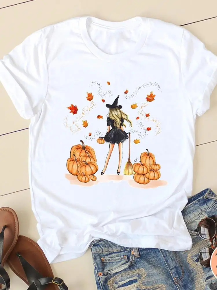 Женская одежда Осень, Хэллоуин, День Благодарения, Женщины, Акварель, Тренд ведьмы, Милая футболка с графическим принтом, Женские футболки