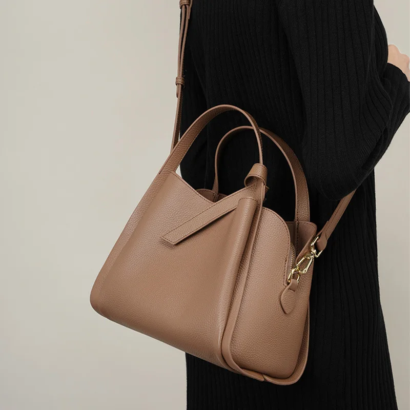 Женская простая сумка-портфель, роскошная дизайнерская сумка через плечо, сумка с верхней ручкой из натуральной кожи, черно-коричневая женская повседневная сумка-тоут