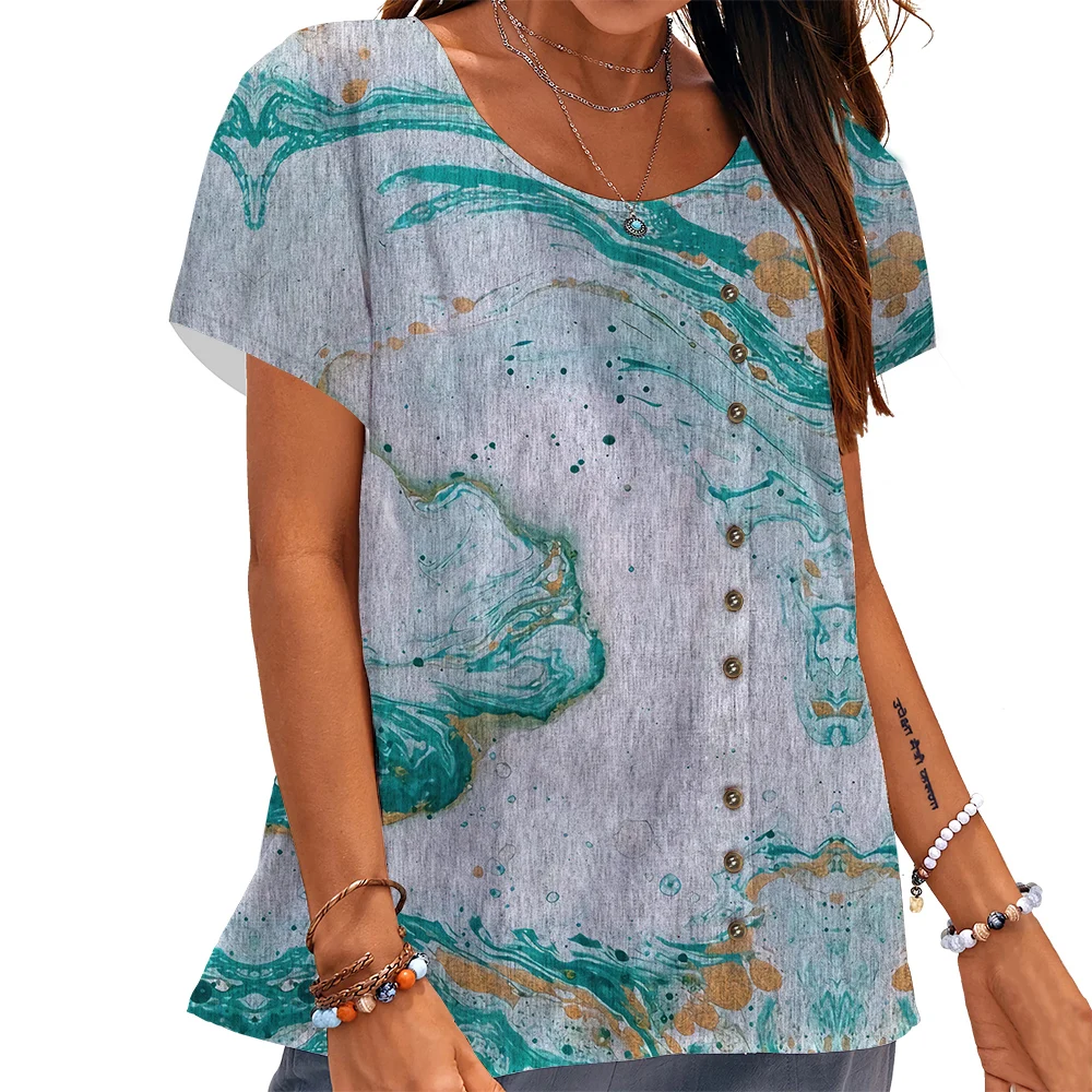 Женская футболка CLOOCL с ретро-рисунком, футболки с 3D-принтом, Пуговицы, Свободный короткий рукав, Круглый вырез, женские топы высокого качества
