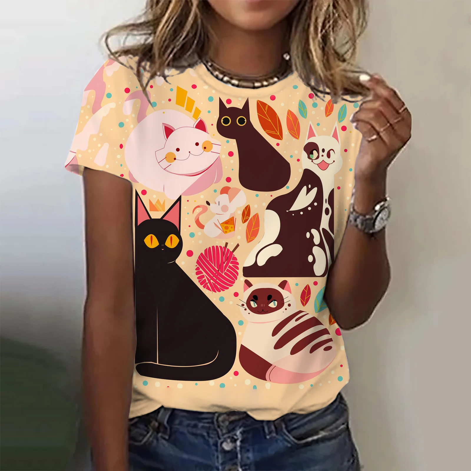 Женская футболка в стиле ретро с рисунком кота из аниме, одежда для девочек, Летняя футболка с круглым вырезом и коротким рукавом, женская уличная одежда в стиле харадзюку