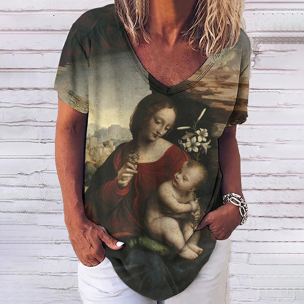 Женская футболка с V-образным вырезом, Топ с принтом Девы Марии, Христианская футболка для Женщин, Модная Повседневная Женская Одежда, Пуловер 2024, Лето