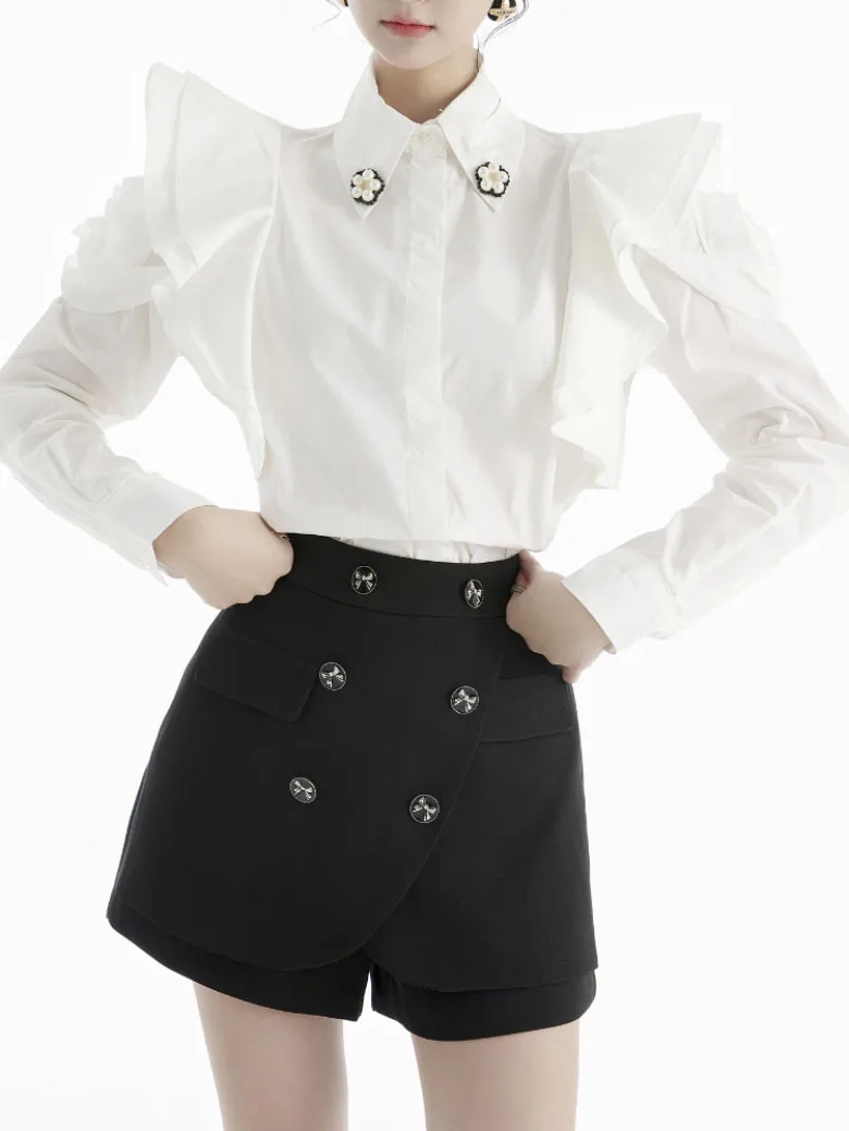 Женская Элегантная блузка с белыми оборками и цветочным рисунком, Новая Рубашка свободного кроя с лацканами и длинным рукавом, Модный прилив Весна-Осень