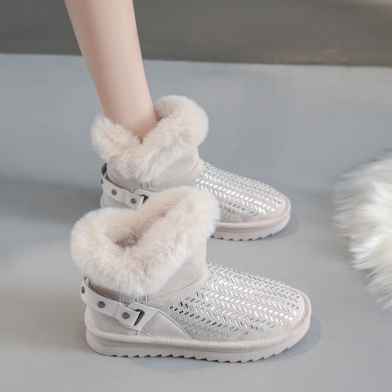 Женские зимние ботинки с блестящими пайетками, круглый носок, плоская подошва, модные флисовые короткие ботинки без застежки, ботильоны на толстой подошве, новый стиль 2023 года.