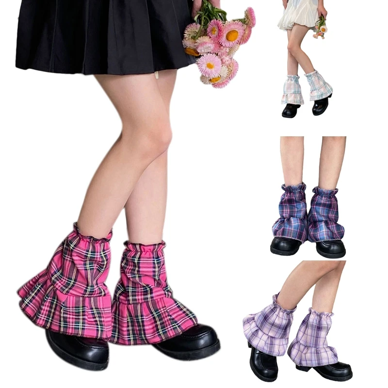 Женские короткие гетры в стиле харадзюку с готическими оборками, расклешенные гетры в стиле панк, Винтажный клетчатый принт, Мешковатые свободные чехлы для ног, Летние носки до щиколоток