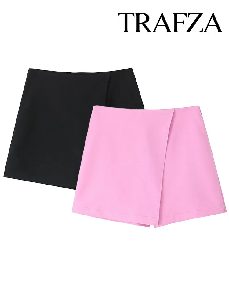 Женские летние модные тонкие короткие брюки TRAFZA, однотонные шорты на молнии с разрезом и высокой талией, женские повседневные асимметричные брюки-кюлоты