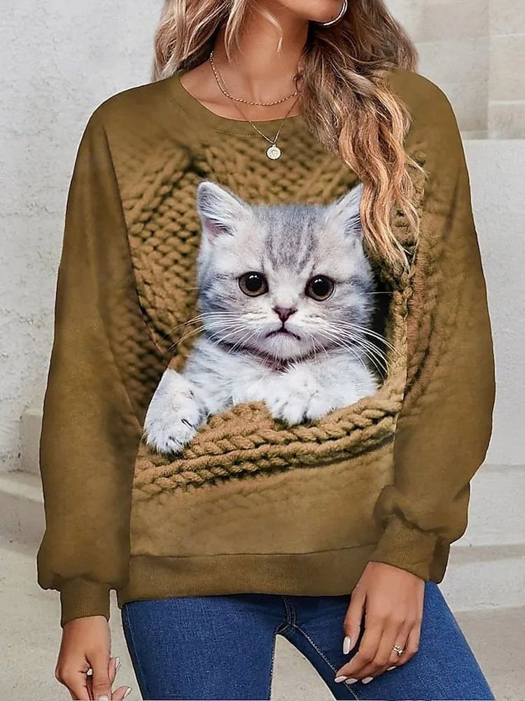 Женский свитер, толстовка, модные топы с кошками, Harajuku, пуловер с 3D изображением животных, уличная хлопковая повседневная рубашка с круглым вырезом