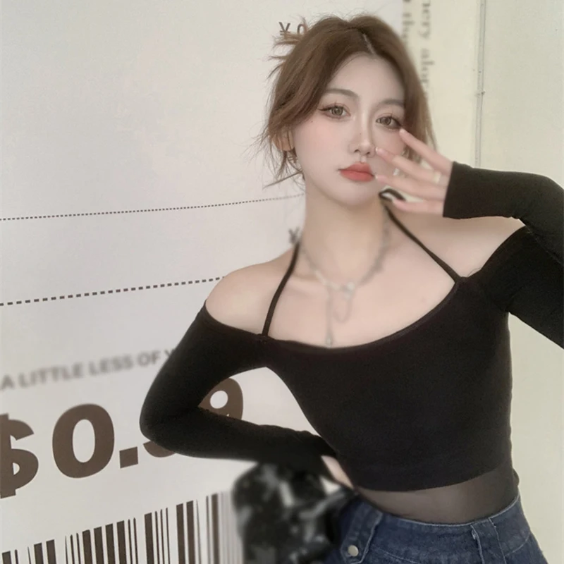 Женский укороченный топ корейская версия сплошной цвет с открытыми плечами Холтер сетки сплайсинга тонкий сексуальный Модный топ футболка