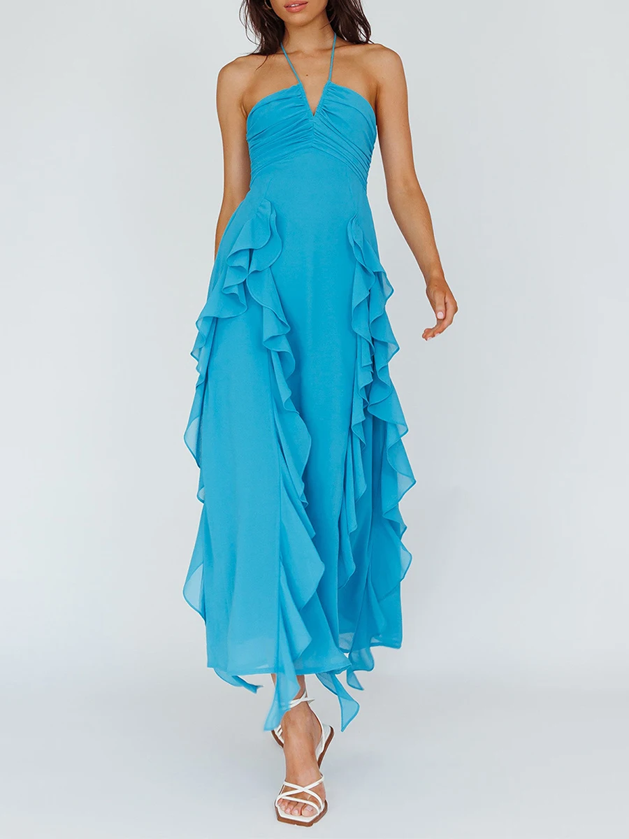 Женское длинное платье на бретелях, шифоновое платье без рукавов с рюшами, платье для пляжного отдыха, платья в стиле бохо, струящиеся платья