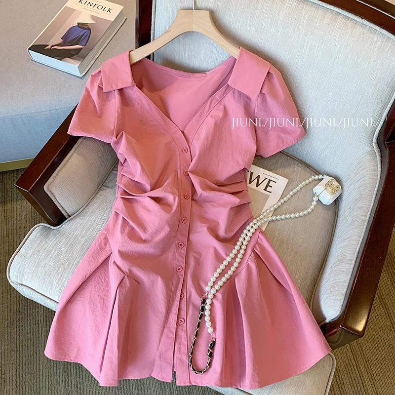 Женское розовое платье в корейском стиле 2023, Новое летнее сексуальное платье с V-образным вырезом, короткими рукавами и складкой на талии, короткое однобортное платье-рубашка Ladie