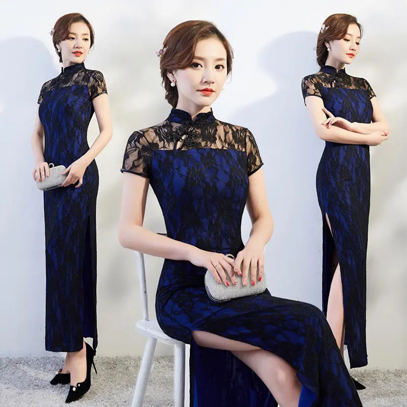 Женское черное Синее Длинное Кружевное Винтажное платье Cheongsam для матери, Тонкие Традиционные вечерние платья для шоу, Большие размеры Qipao S2200