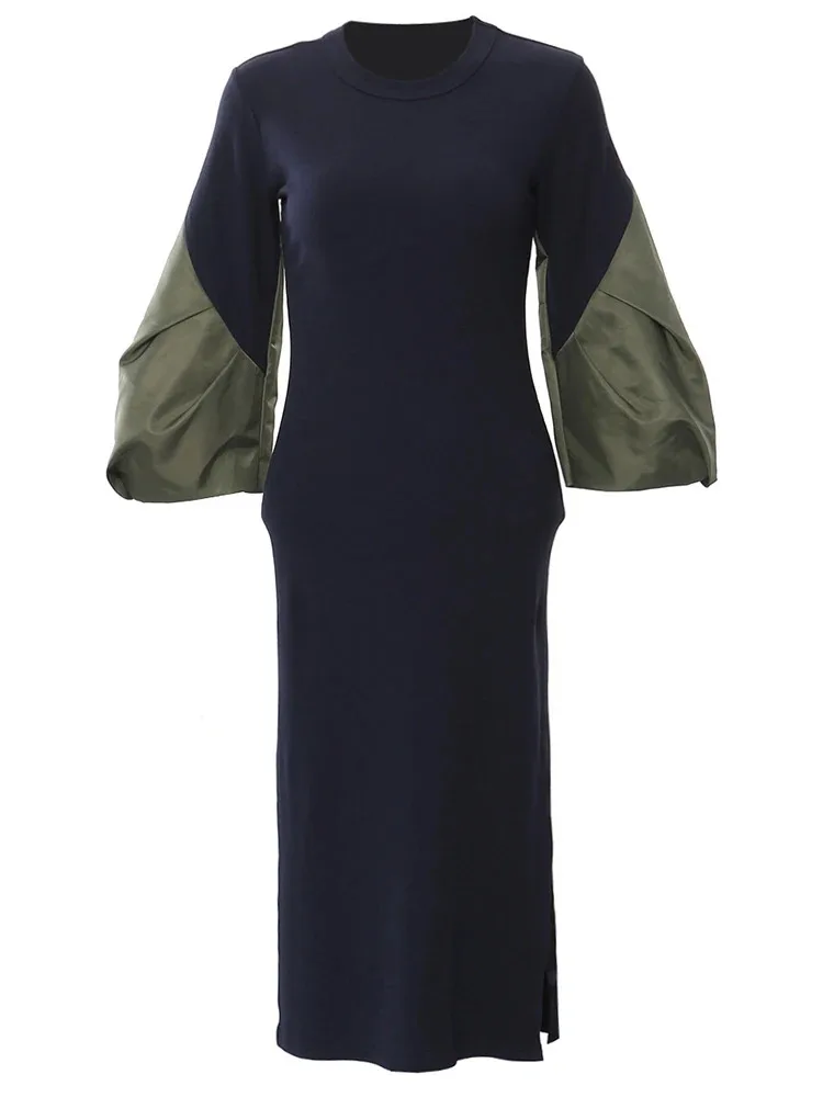 Женское элегантное вязаное платье с синим цветным блоком, новинка, круглый вырез, длинный рукав, свободный крой, мода Tide, весна-осень, O830