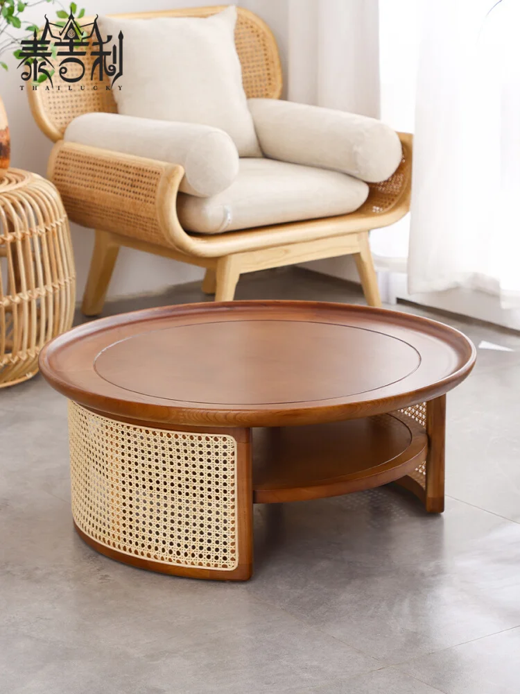 Журнальный столик из ротанга круглый домашний в японском стиле, простая мебель для маленькой гостиной в скандинавском стиле, низкий столик