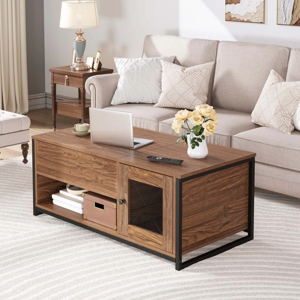 Журнальный столик с подъемной столешницей Деревянный стол для гостиной со скрытым отделением для хранения, коричневый
