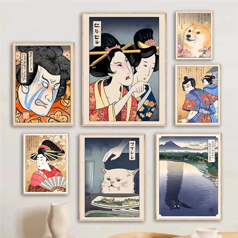 Забавный Японский Ukiyo e Meme Cute Cat Woman Doge Meme Картина На Холсте С Принтом Плаката, Настенное Искусство Для Гостиной, Украшение Дома