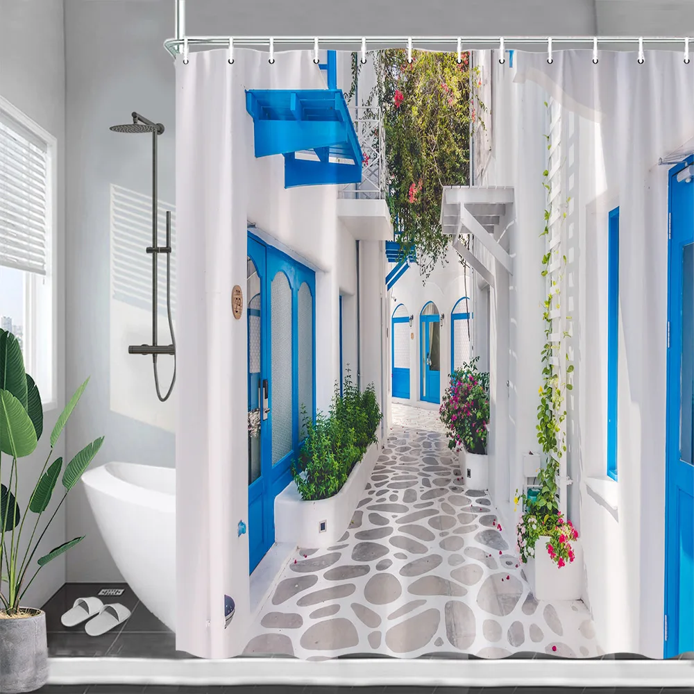 Занавески для душа Greek Street Синяя Деревянная дверь Белые Архитектурные растения Цветы Декор штор для ванной комнаты с крючками