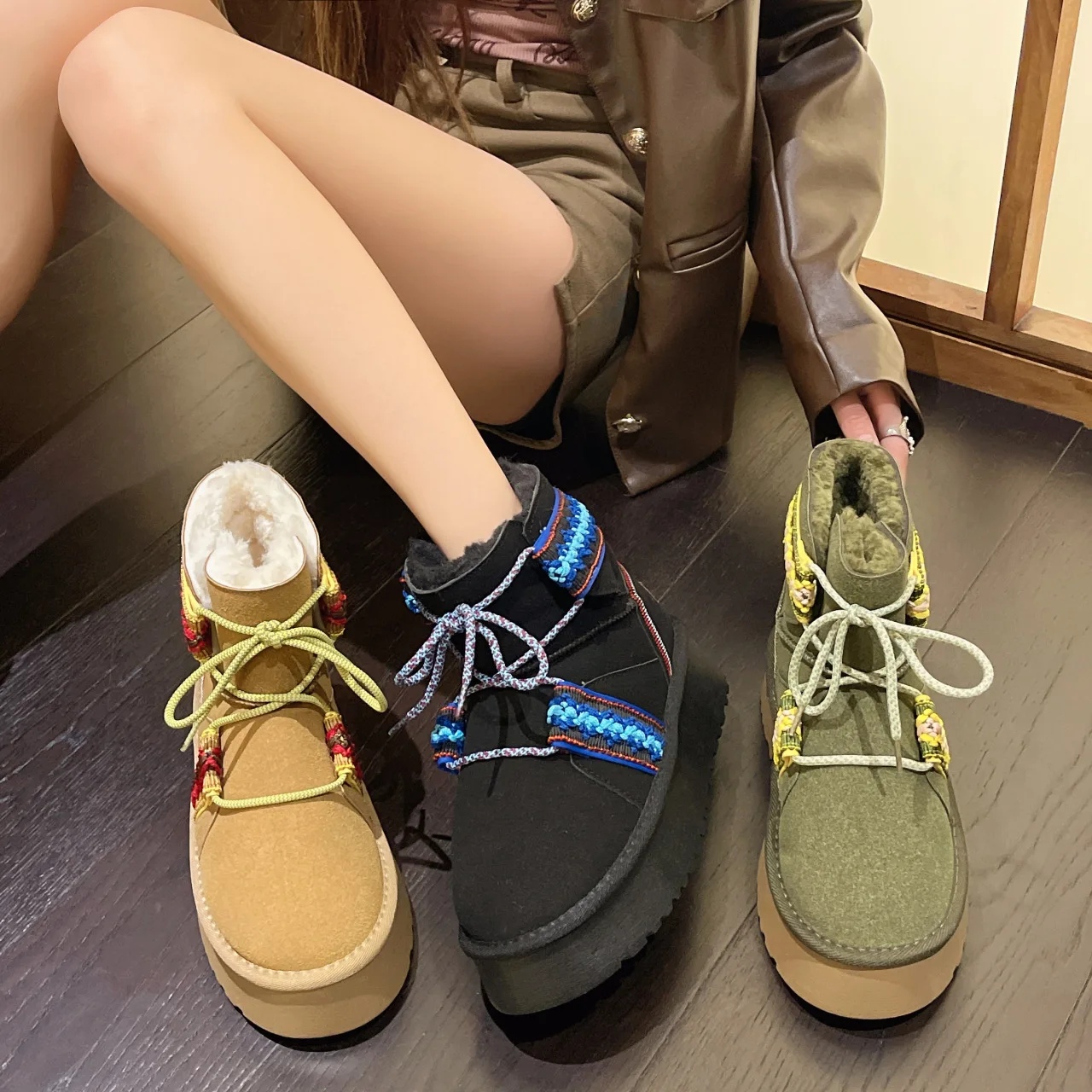 Зимние ботинки на плоской подошве со шнуровкой, женские брендовые туфли-сабо на платформе с круглым носком, австралийские ботинки-Женские модные ботильоны в стиле Лолиты 2023