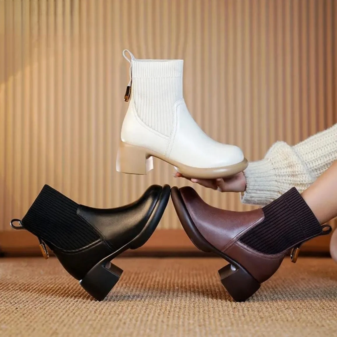 Зимние женские ботинки Botas De Mujer На высоком каблуке, модные трикотажные Мягкие и удобные дышащие повседневные короткие эластичные ботинки с круглым носком