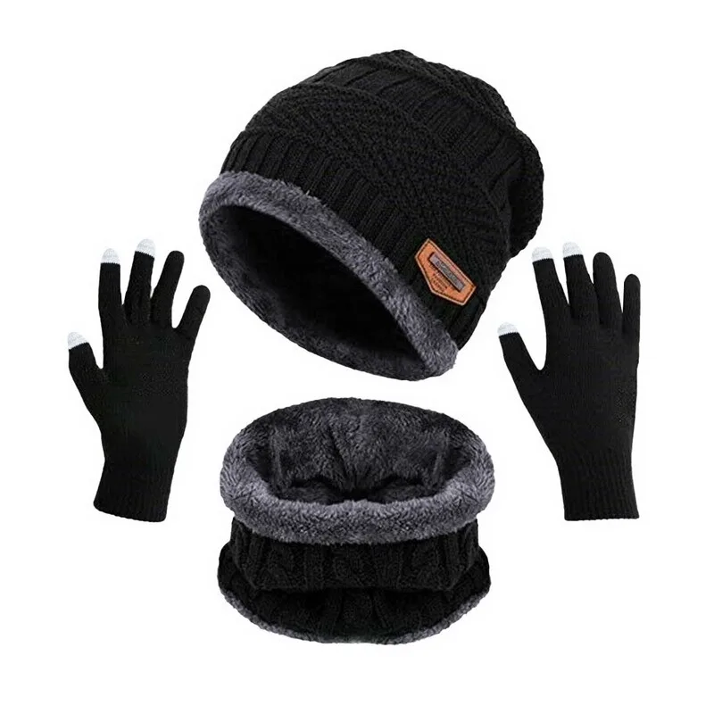 Зимняя вязаная шапка-бини 3 В 1 с шарфами и перчатками с сенсорным экраном для мужчин и женщин, Ветрозащитная теплая флисовая кепка, Велосипедное снаряжение
