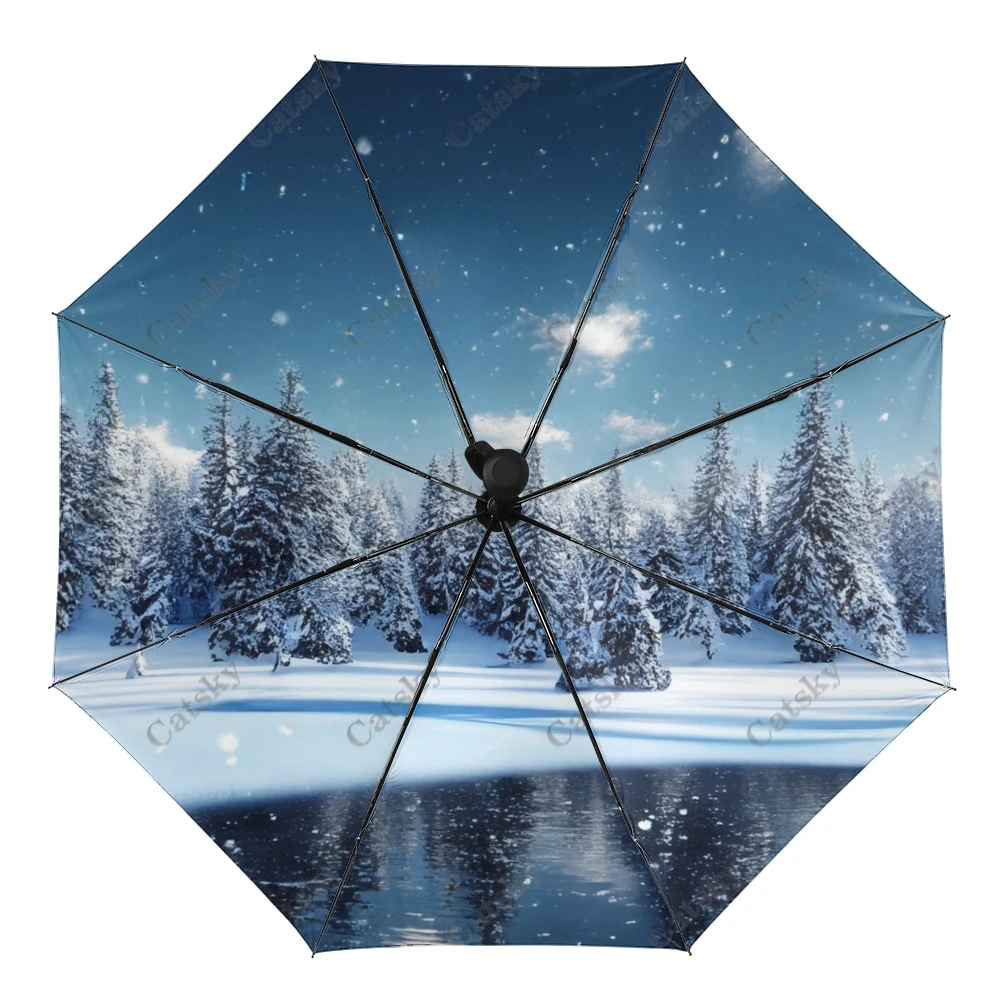 Зимняя сцена Со снегом, зонт от дождя, Женские 3-складные Полностью автоматические зонты для защиты от солнца, инструмент для путешествий на открытом воздухе Parapluie