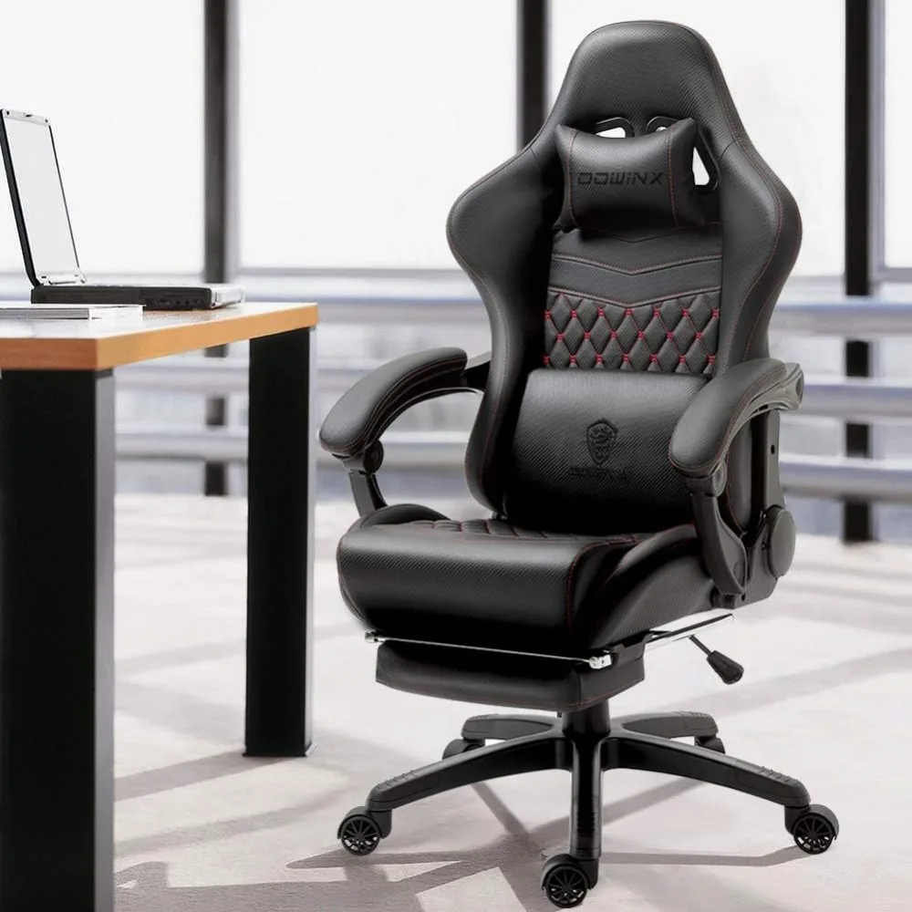 Игровой/Офисный компьютерный стул с массажной поясничной поддержкой, винтажный стиль, искусственная кожа, высокая спинка, регулируемый поворотный рабочий стул с подставкой для ног