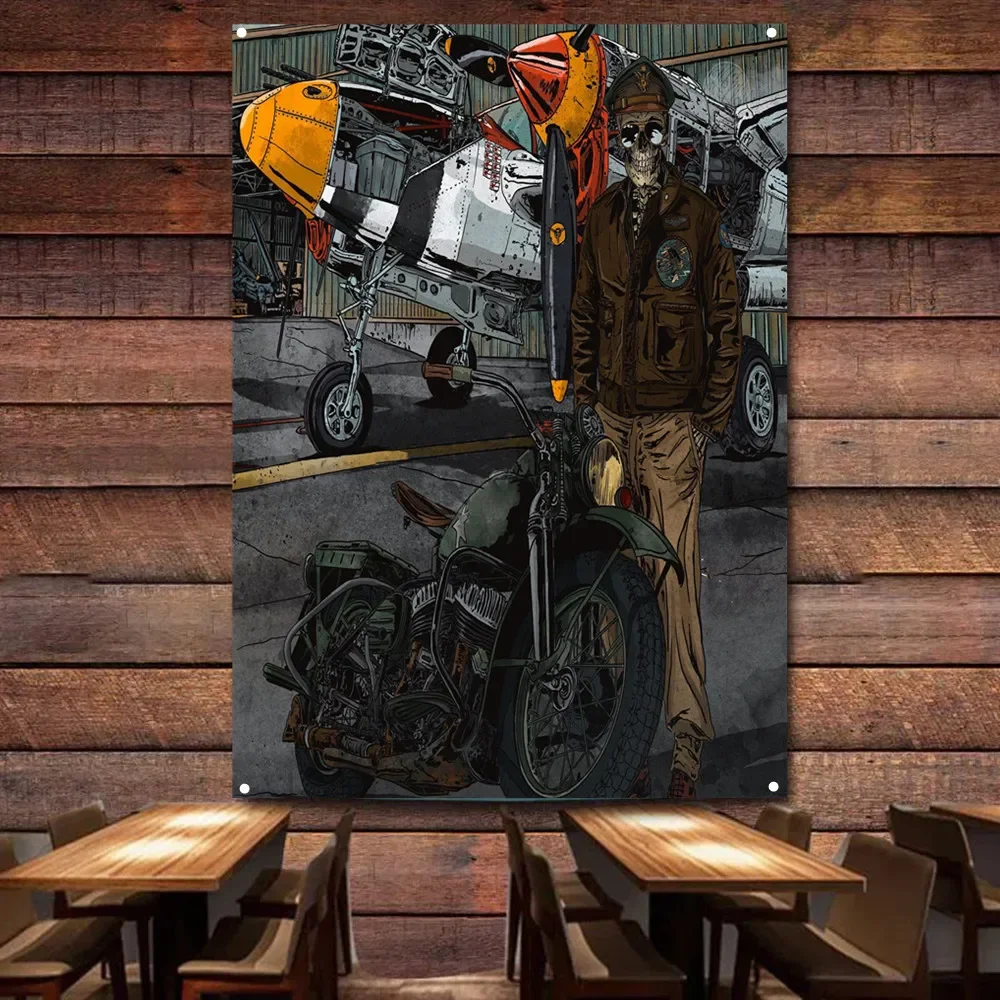 Истребитель Скелет Пилот Мотоцикл Художественный плакат Настенная картина Флаг Гаража Автомастерская АЗС Декор стен Баннеры