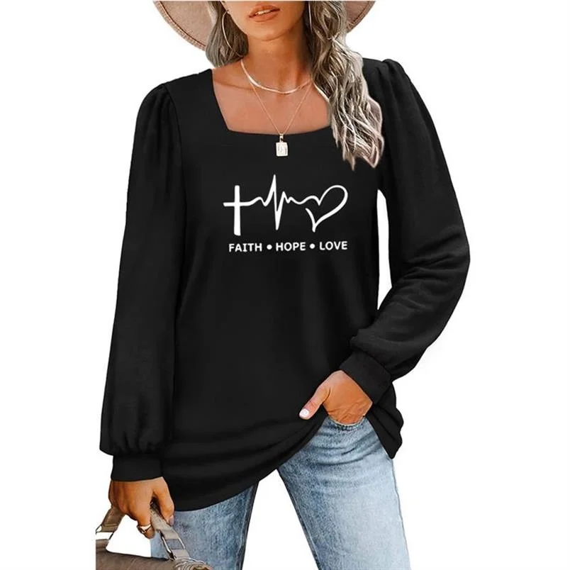 Качественная футболка с принтом Hope Faith Love с длинными рукавами и квадратным вырезом, Женская Облегающая Открытая Ключица, Топ с низким вырезом, Нижняя рубашка