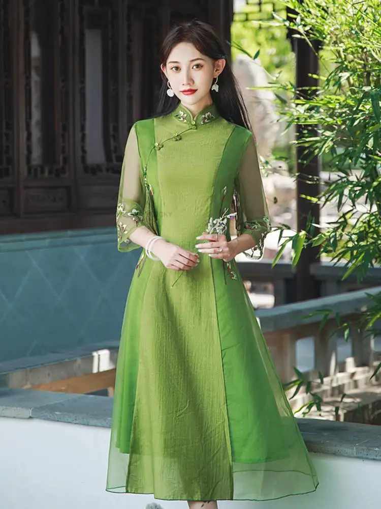 Китайская одежда, платье в китайском стиле для женщин, улучшенное платье Ципао, шифоновое платье Ципао Lady Fairy, женское элегантное платье Ао Дай