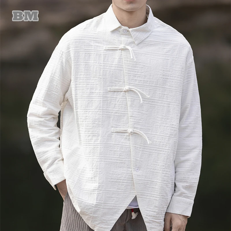 Китайское традиционное платье Большого размера Винтажная рубашка для мужчин Одежда В этническом стиле Свободные топы Косая планка Пальто с длинным рукавом