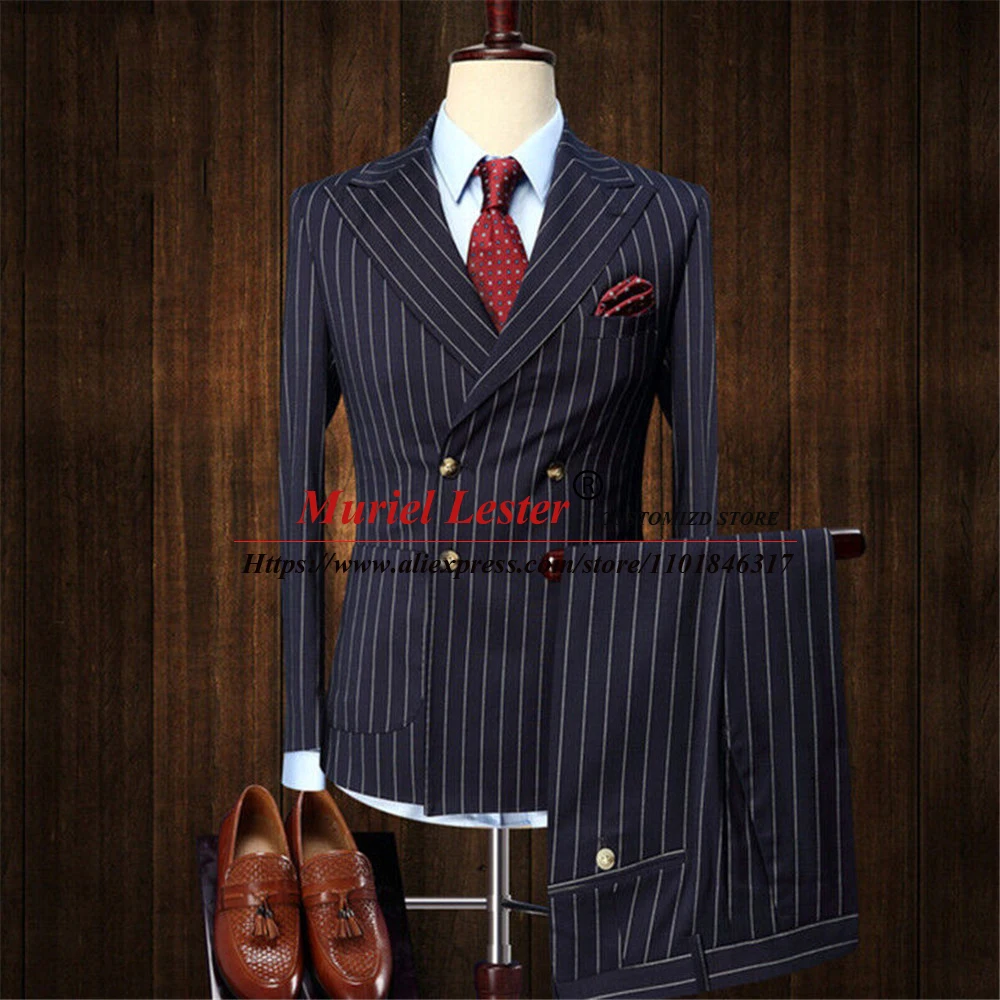 Классические деловые костюмы Для мужчин, двубортное пальто в темно-синюю полоску, дизайн брюк, последняя одежда для жениха, комплекты блейзеров, Костюм Homme Mariage