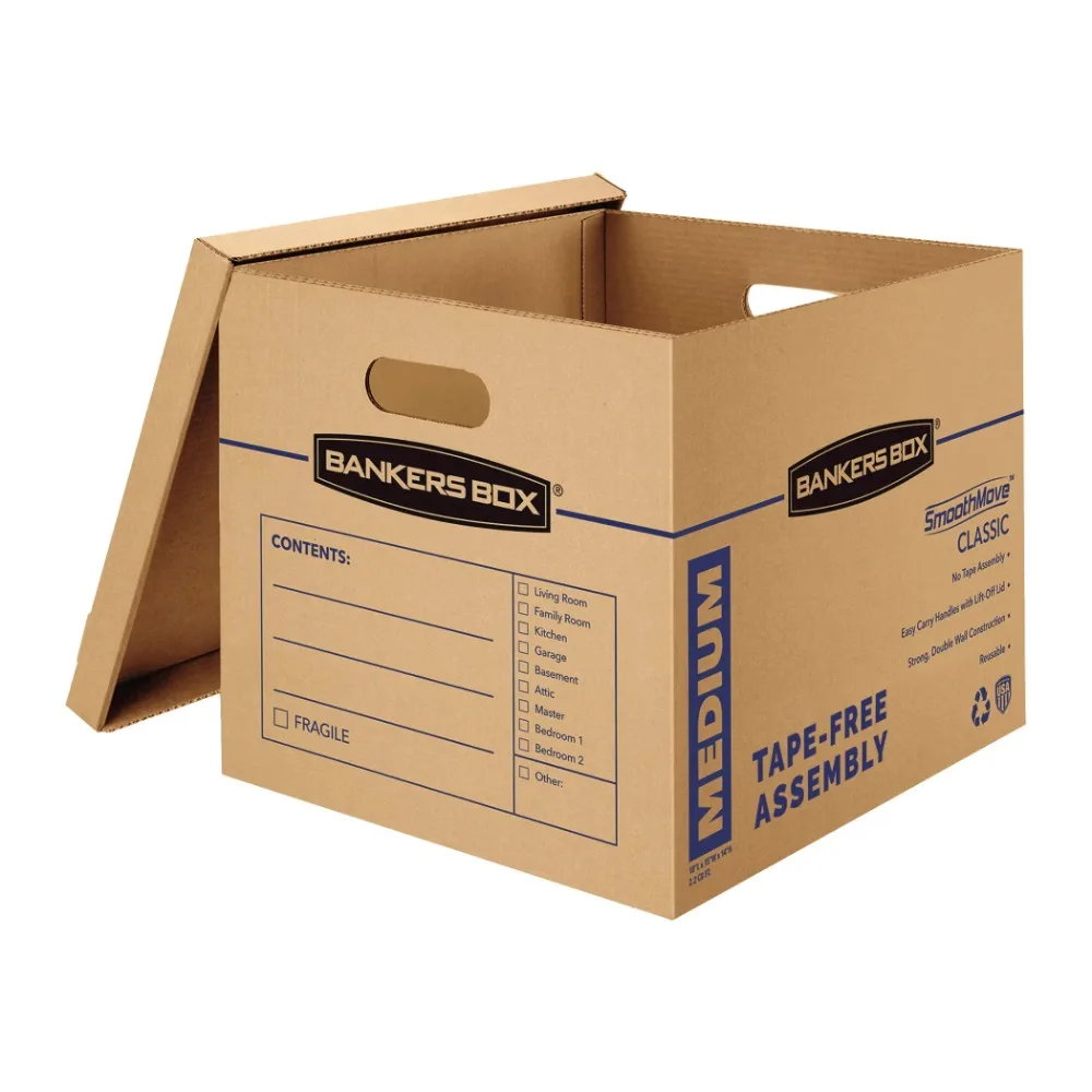 Классические подвижные коробки Bankers Box Smooth Move ™, закрывающиеся со средним отрывом - из переработанного крафт-материала