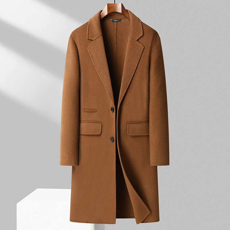 Классическое осенне-зимнее мужское двустороннее пальто из 100% шерсти, деловое Повседневное однотонное пальто, верхняя одежда, длинная куртка выше колена
