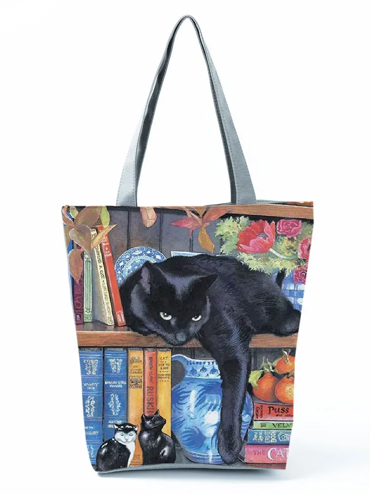 Книжный шкаф Женская сумка через плечо с принтом черного Кота, простая практичная сумка, сумки для покупок из полиэстера большой емкости, дорожная пляжная сумка-тоут