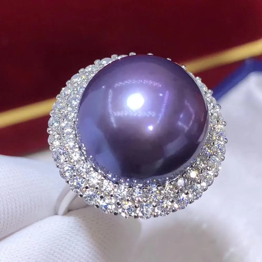 Кольцо с жемчугом D809 Изысканные ювелирные изделия из стерлингового серебра 925 пробы, круглые 14-15 мм, кольца с фиолетовым жемчугом Эдисона из пресной воды для женщин