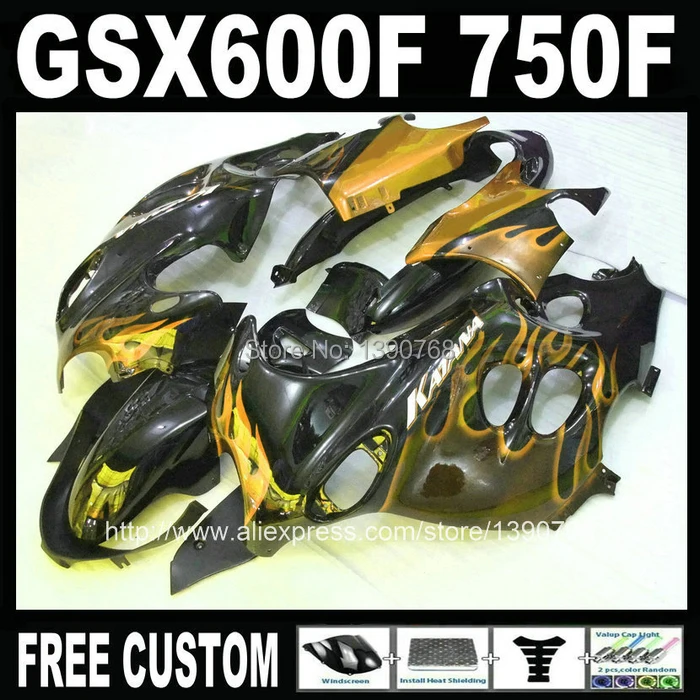 Комплект мотоциклетных обтекателей для SUZUKI KATANA GSX600F 2003-2006 золотое пламя в черном комплекте обтекателей GSX750F 03 04 05 06 HM36