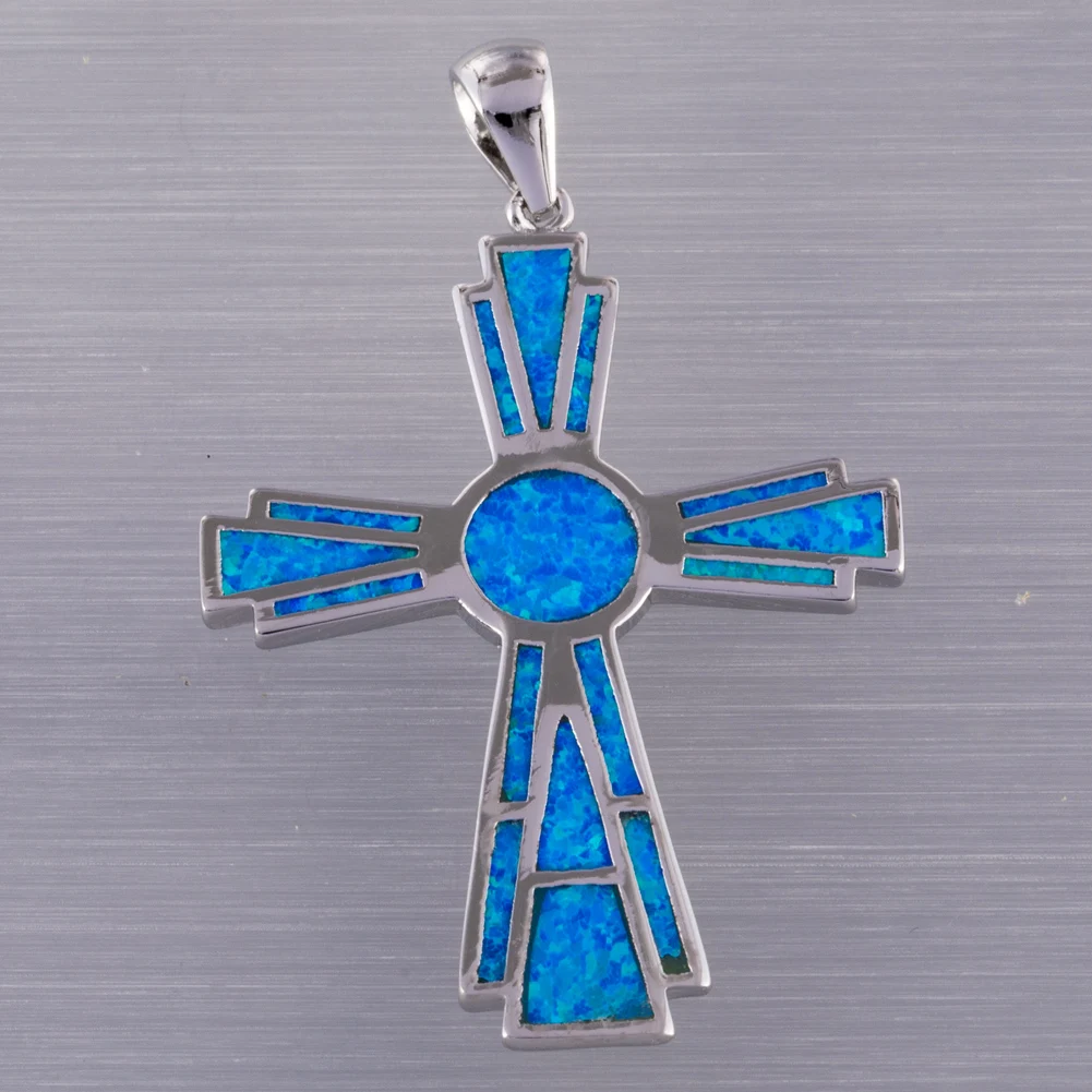 КОНГМУН Большой Кельтский Крест Океанский Голубой Огненный Опал Посеребренные Ювелирные Изделия для Женщин Кулон для Ожерелья