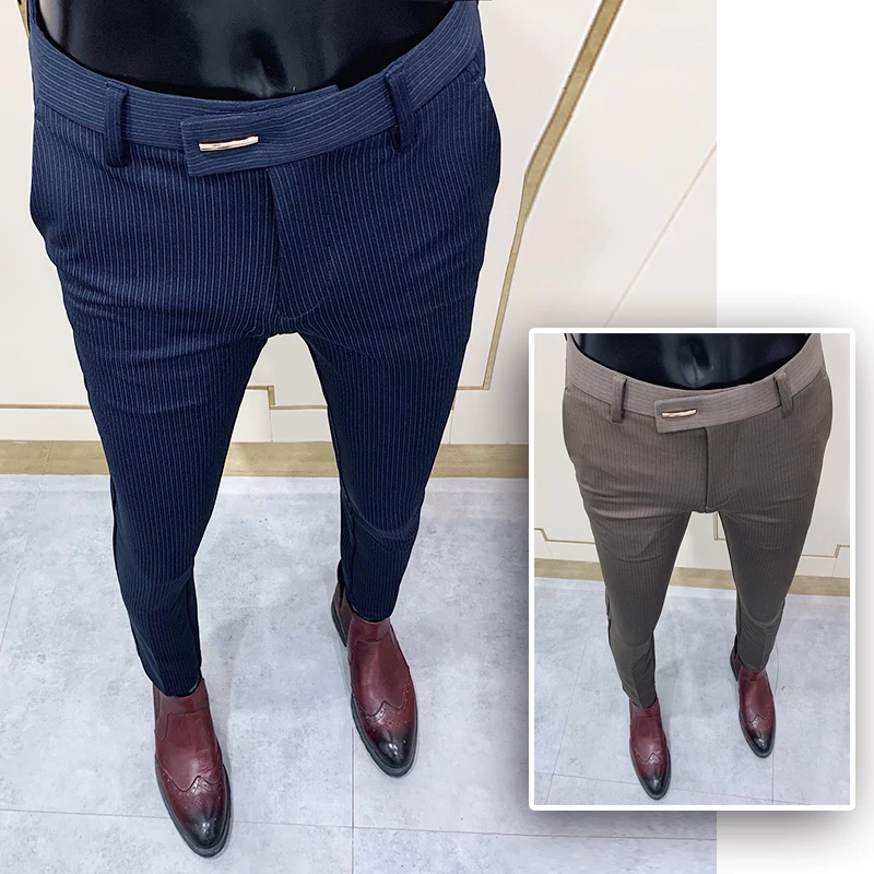 Корейские облегающие костюмные брюки в вертикальную полоску, элегантные мужские брюки, высококачественные Мужские офисные брюки, мужские повседневные брюки