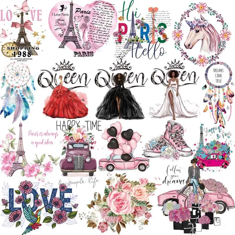 Королева теплопередачи Мультяшные машинки, нанесенные утюгом на футболку, Термотрансферные наклейки для одежды, сделанные своими руками, нашивки с розовым цветком