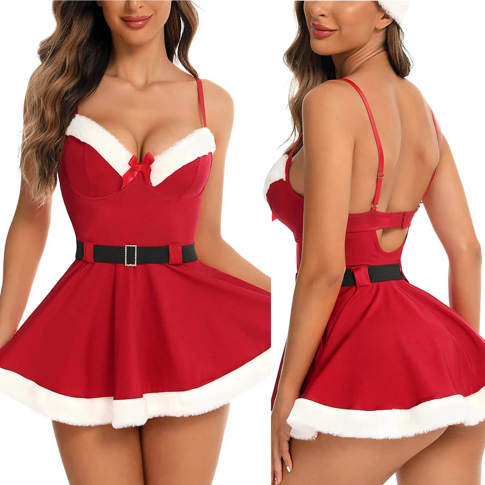 Красное сексуальное женское белье, Рождественское Женское сексуальное полое боди, Эротические костюмы, плюшевый наряд, глубокий V-образный вырез, Экзотический комплект нижнего белья, ночная рубашка