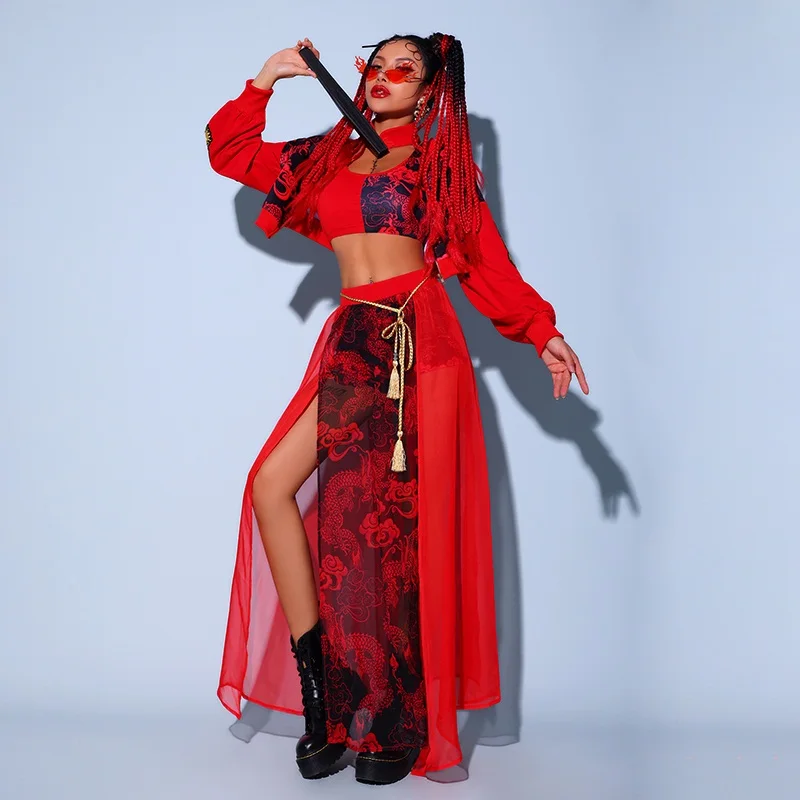 Красные фестивальные наряды, одежда в стиле хип-хоп для взрослых, Женская одежда для выступлений в китайском стиле, сценические костюмы
