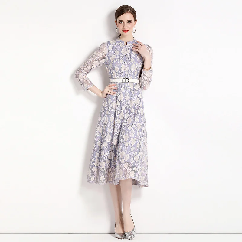 Кружевное платье с вышивкой для подиума 2023, осеннее женское платье с длинным рукавом и цветочными темпераментными оборками, Офисная вечеринка Midi Vestidos