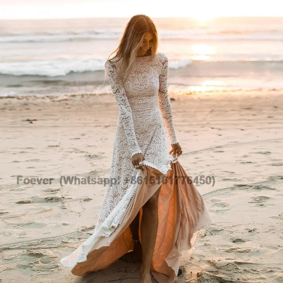 Кружевное свадебное платье в стиле бохо для женщин 2023 с длинным рукавом и разрезом сбоку, без спинки, Пляжные платья для невесты, свадебные платья Vestido De Noiva